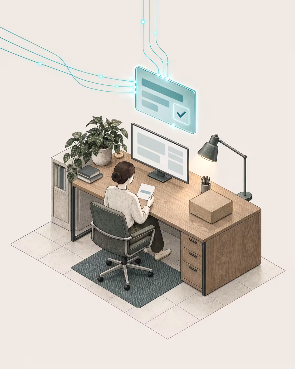 Illustration: a coordinator at the shop desk with incoming calls and texts routing directly into the job record.
