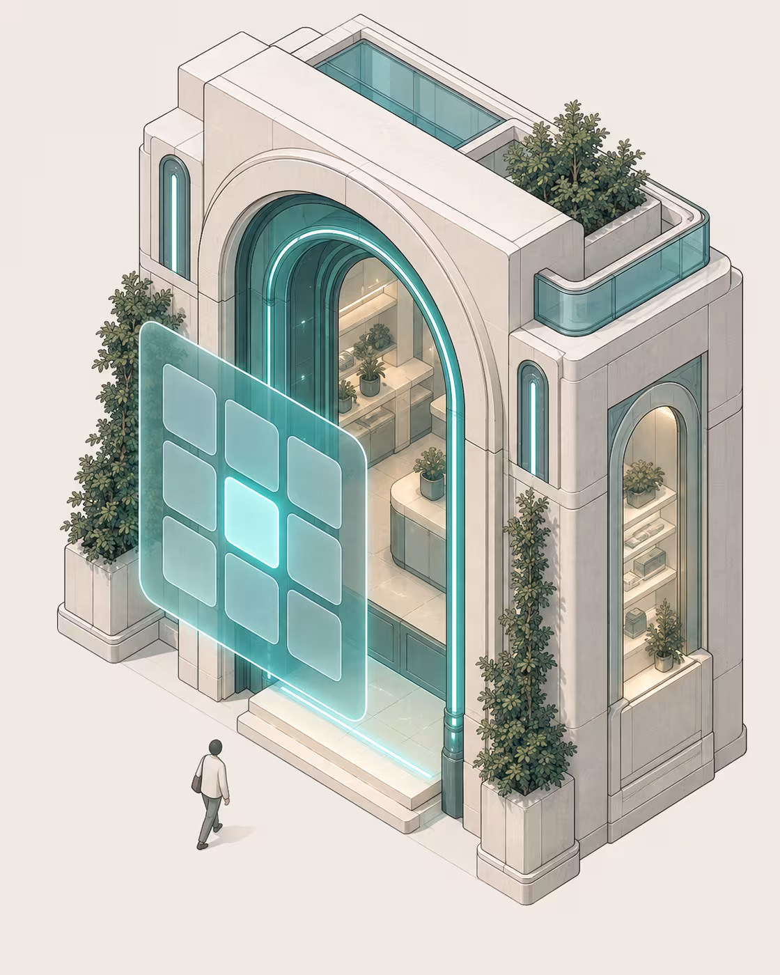 Illustration: a customer walking up to a shop entrance with an illuminated pathway leading inside.